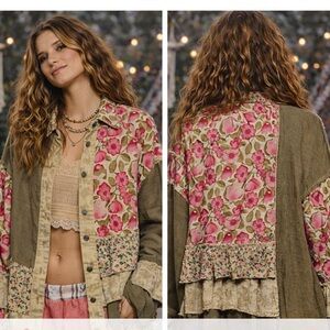 🆕 🌸 POL Boho Patchwork Floral Long Sleeve Patchwork Double Gauze NWOT